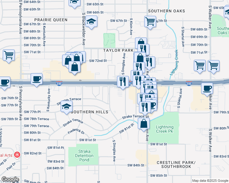 map of restaurants, bars, coffee shops, grocery stores, and more near 1030 West Interstate 240 Service Road in Oklahoma City
