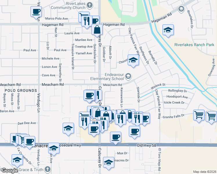 map of restaurants, bars, coffee shops, grocery stores, and more near 3400 Calloway Drive in Bakersfield