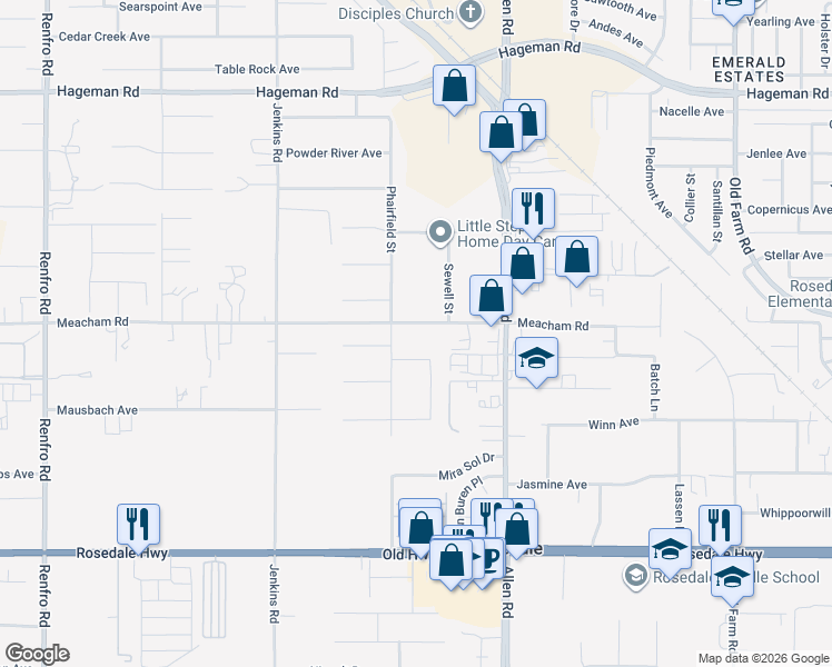 map of restaurants, bars, coffee shops, grocery stores, and more near 13220 Meacham Road in Bakersfield