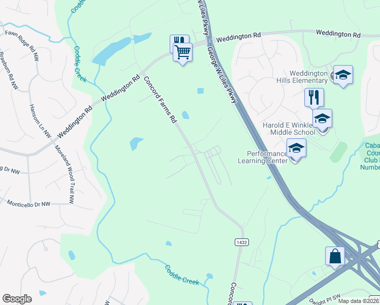 map of restaurants, bars, coffee shops, grocery stores, and more near 1675 Concord Farms Road in Concord