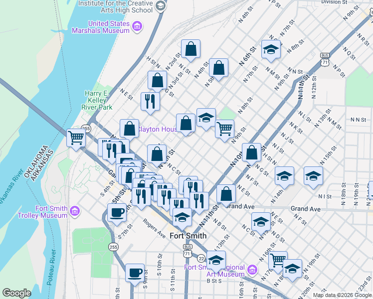 map of restaurants, bars, coffee shops, grocery stores, and more near 509 North 7th Street in Fort Smith