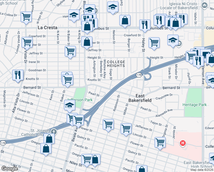 map of restaurants, bars, coffee shops, grocery stores, and more near 1024 Bernard Street in Bakersfield