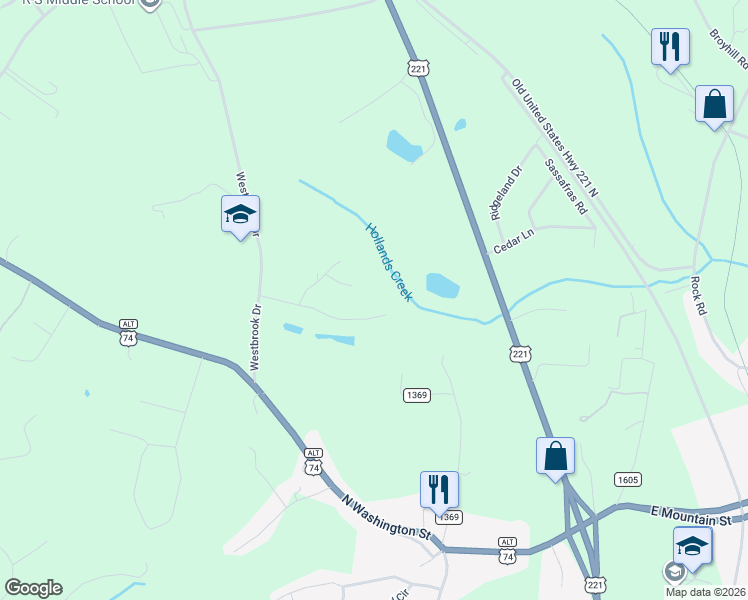 map of restaurants, bars, coffee shops, grocery stores, and more near 135 Heatherwood Drive in Rutherfordton