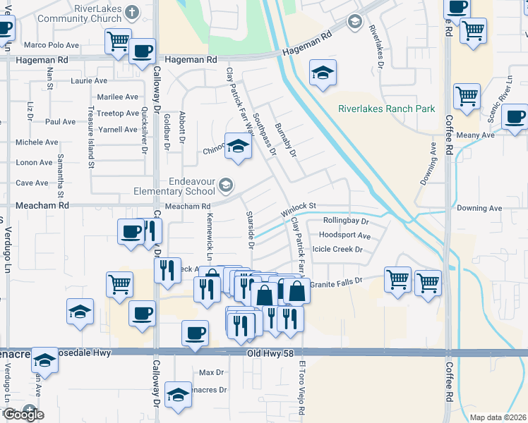 map of restaurants, bars, coffee shops, grocery stores, and more near 9012 Seahurst Court in Bakersfield