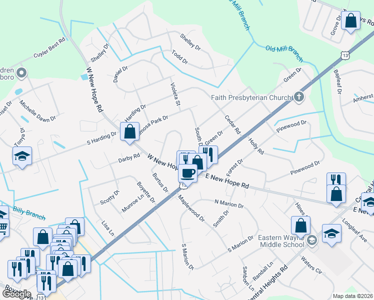 map of restaurants, bars, coffee shops, grocery stores, and more near 202 South Drive in Goldsboro