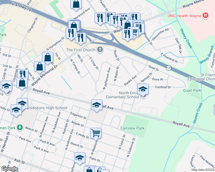 map of restaurants, bars, coffee shops, grocery stores, and more near 101 Banks Avenue in Goldsboro