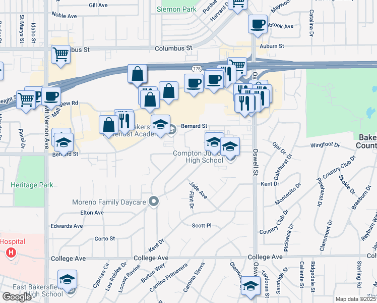 map of restaurants, bars, coffee shops, grocery stores, and more near 3211 Pico Avenue in Bakersfield