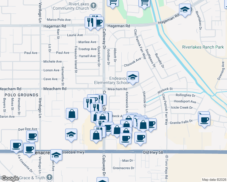 map of restaurants, bars, coffee shops, grocery stores, and more near 3400 Calloway Drive in Bakersfield