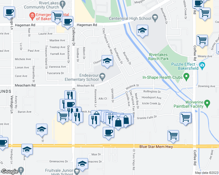 map of restaurants, bars, coffee shops, grocery stores, and more near 3409 Starside Drive in Bakersfield