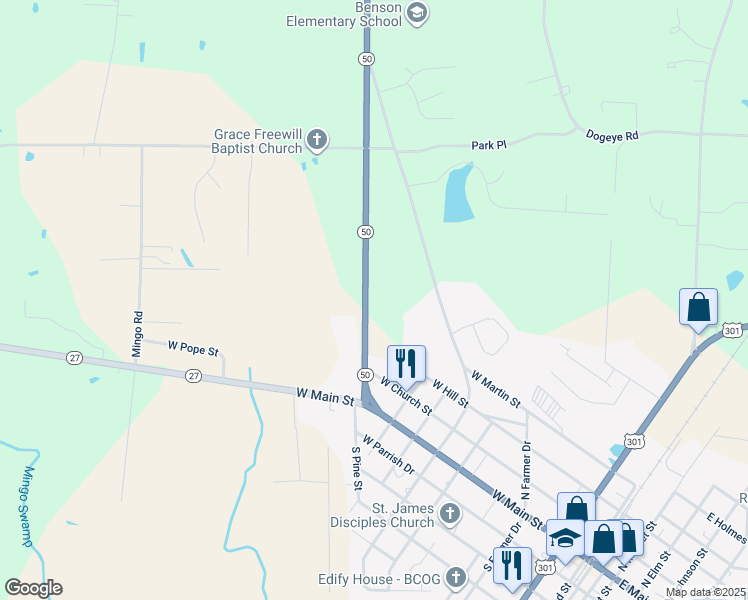 map of restaurants, bars, coffee shops, grocery stores, and more near 1296 North Carolina 50 in Benson