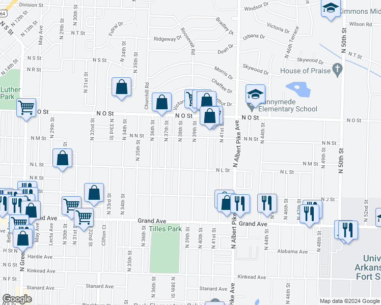 map of restaurants, bars, coffee shops, grocery stores, and more near 1431 North 39th Street in Fort Smith