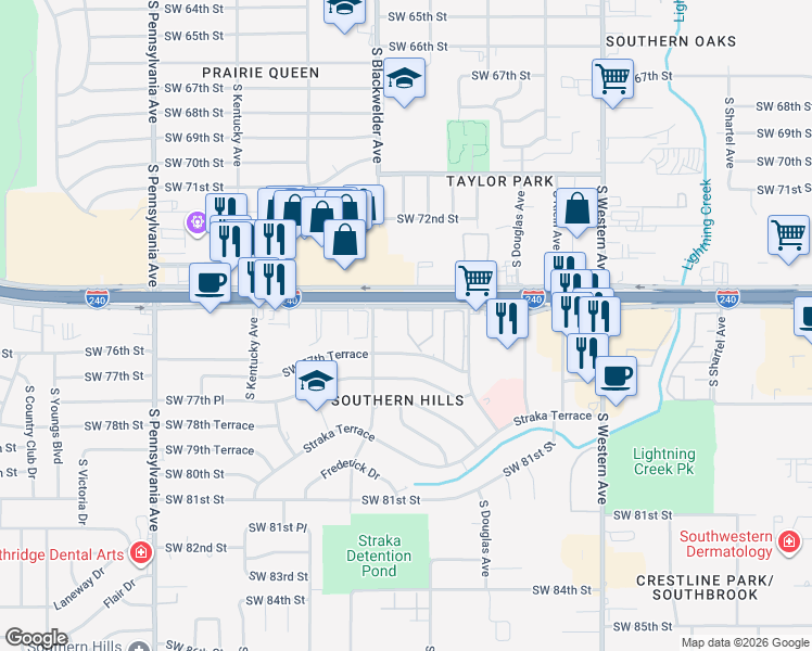 map of restaurants, bars, coffee shops, grocery stores, and more near 1292 West Interstate 240 Service Road in Oklahoma City
