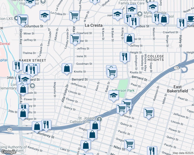map of restaurants, bars, coffee shops, grocery stores, and more near 513 Knotts Street in Bakersfield