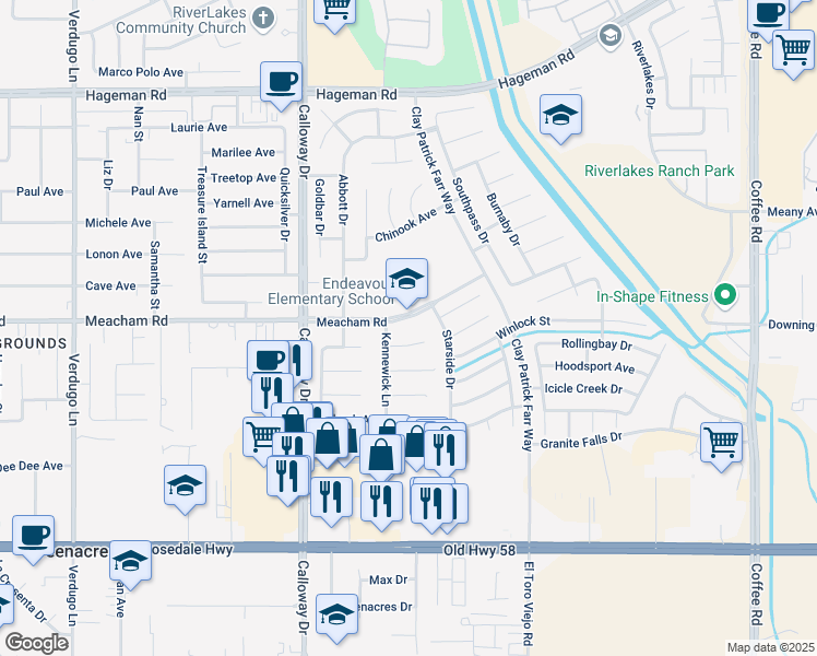 map of restaurants, bars, coffee shops, grocery stores, and more near 9300 Meacham Road in Bakersfield