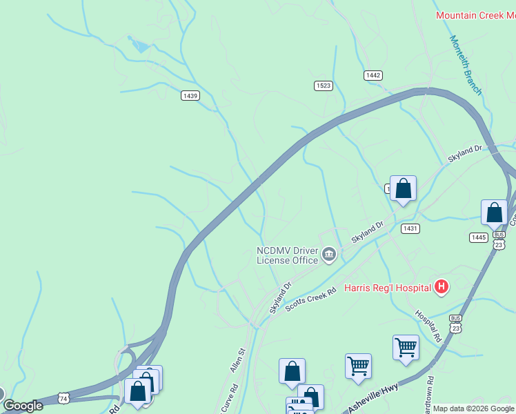 map of restaurants, bars, coffee shops, grocery stores, and more near Great Smoky Mountain Expressway in Sylva