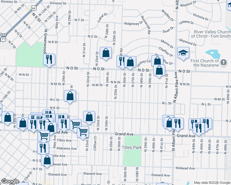 map of restaurants, bars, coffee shops, grocery stores, and more near 1440 North 35th Street in Fort Smith