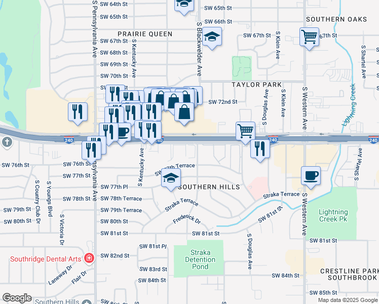 map of restaurants, bars, coffee shops, grocery stores, and more near 1332 Southwest 74th Street in Oklahoma City
