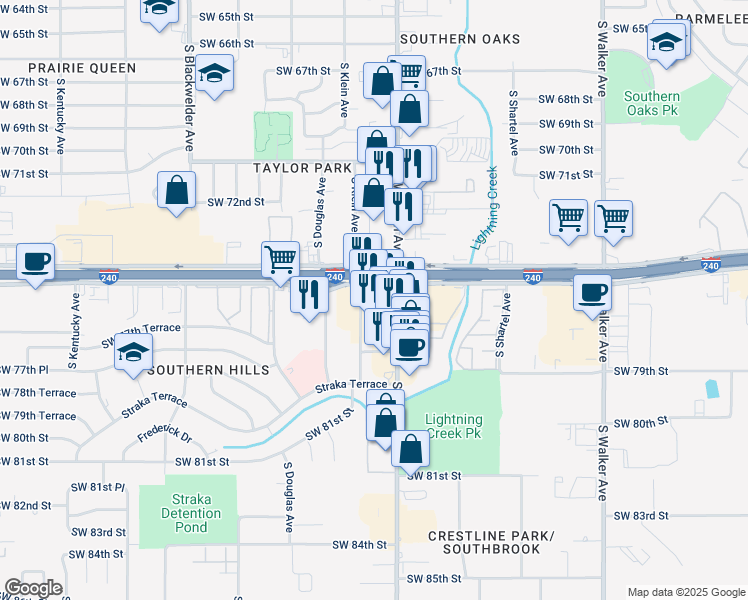 map of restaurants, bars, coffee shops, grocery stores, and more near 930 West Interstate 240 Service Road in Oklahoma City