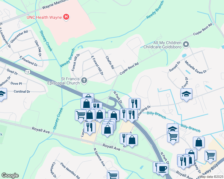 map of restaurants, bars, coffee shops, grocery stores, and more near 1201 Cuyler Best Road in Goldsboro