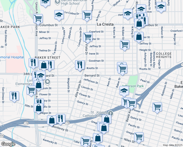 map of restaurants, bars, coffee shops, grocery stores, and more near 370 Bernard Street in Bakersfield