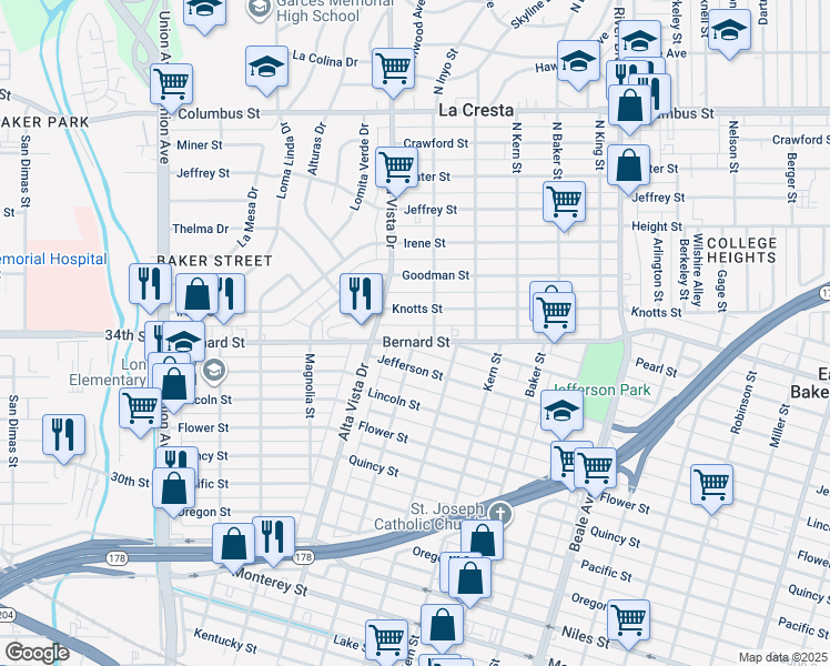 map of restaurants, bars, coffee shops, grocery stores, and more near 370 Bernard Street in Bakersfield