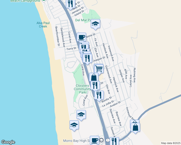 map of restaurants, bars, coffee shops, grocery stores, and more near 2728 Birch Avenue in Morro Bay