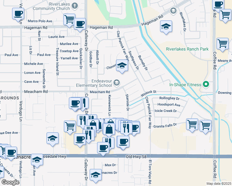 map of restaurants, bars, coffee shops, grocery stores, and more near 9300 Meacham Road in Bakersfield