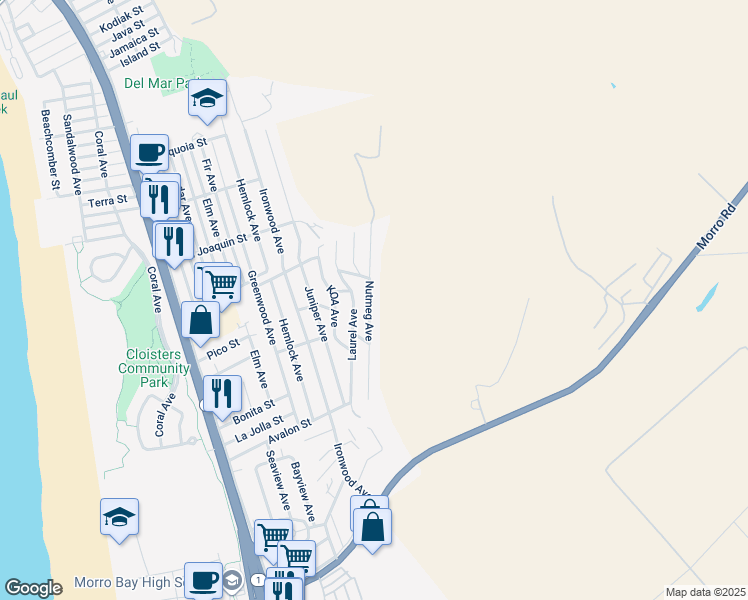 map of restaurants, bars, coffee shops, grocery stores, and more near 2556 Nutmeg Avenue in Morro Bay