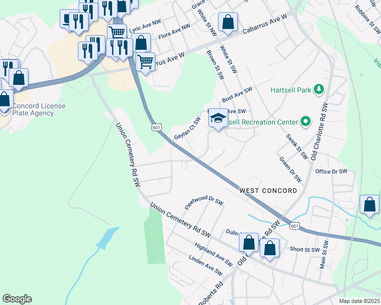 map of restaurants, bars, coffee shops, grocery stores, and more near Gaylan Court Southwest in Concord