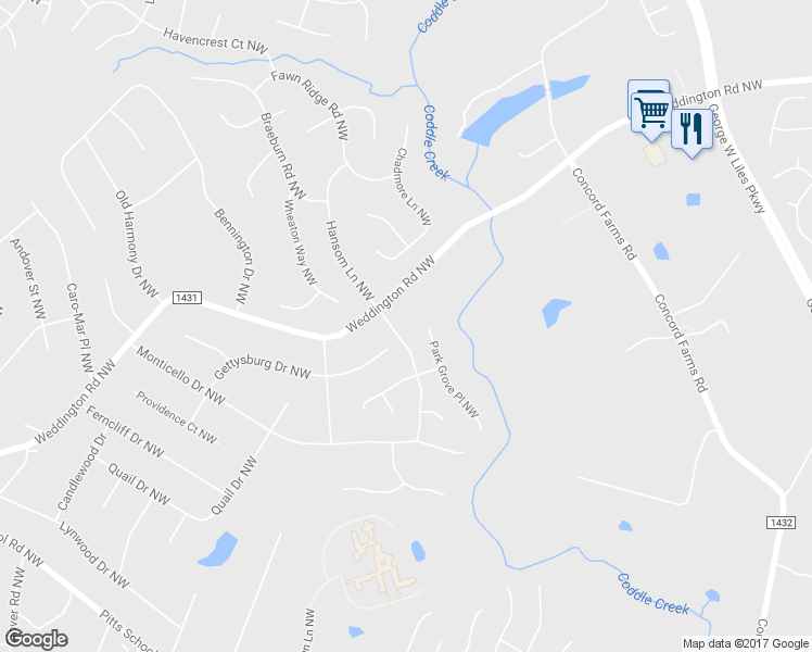 map of restaurants, bars, coffee shops, grocery stores, and more near 1718 Moreland Wood Trail Northwest in Concord