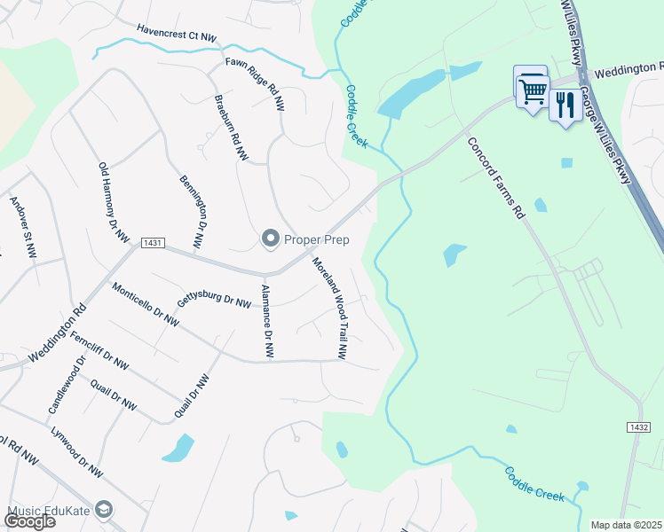 map of restaurants, bars, coffee shops, grocery stores, and more near 1718 Moreland Wood Trail Northwest in Concord