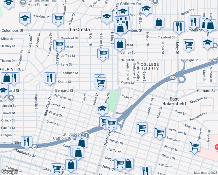 map of restaurants, bars, coffee shops, grocery stores, and more near 729 Knotts Street in Bakersfield