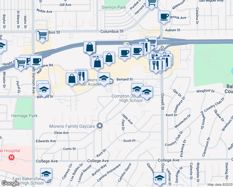 map of restaurants, bars, coffee shops, grocery stores, and more near 3754 Pico Avenue in Bakersfield