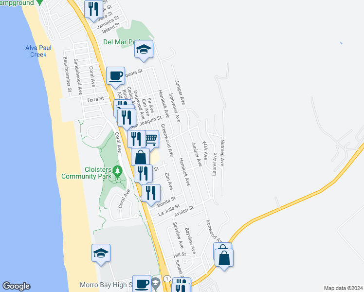 map of restaurants, bars, coffee shops, grocery stores, and more near 2635 Ironwood Avenue in Morro Bay