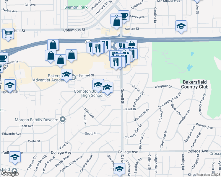 map of restaurants, bars, coffee shops, grocery stores, and more near 4720 Pico Avenue in Bakersfield