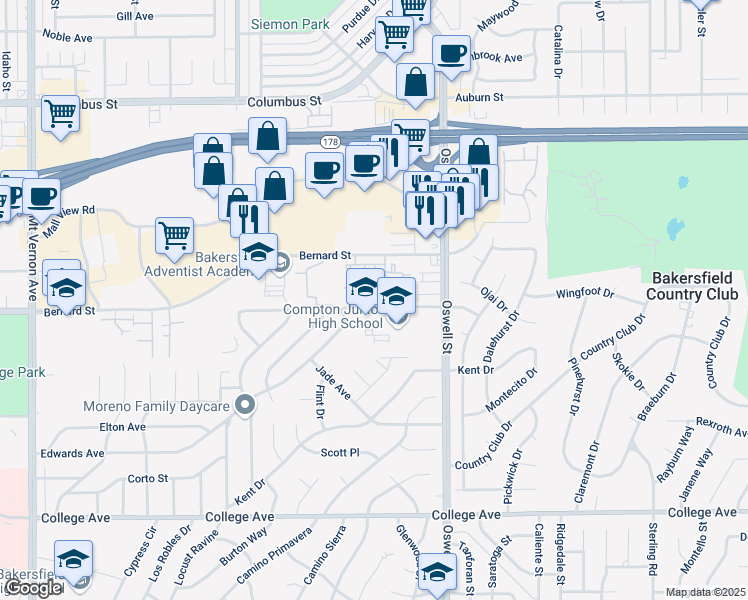 map of restaurants, bars, coffee shops, grocery stores, and more near 4608 Pico Avenue in Bakersfield