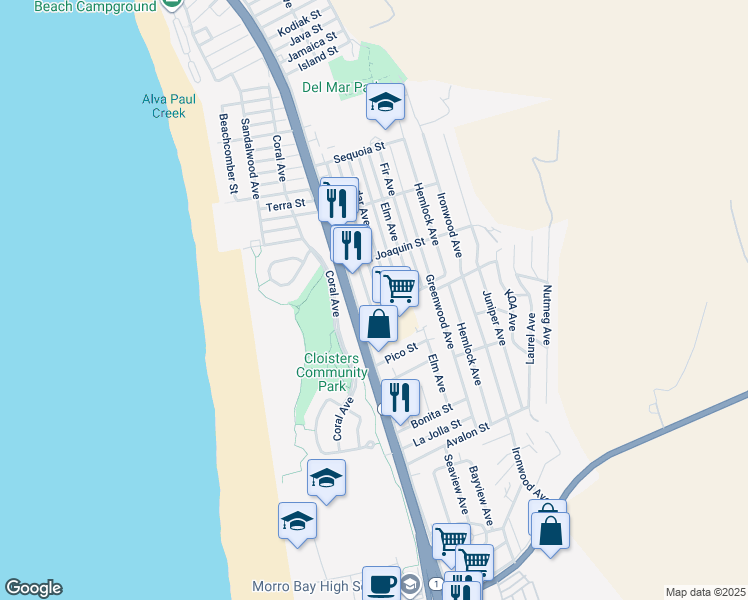 map of restaurants, bars, coffee shops, grocery stores, and more near 2724 Alder Avenue in Morro Bay