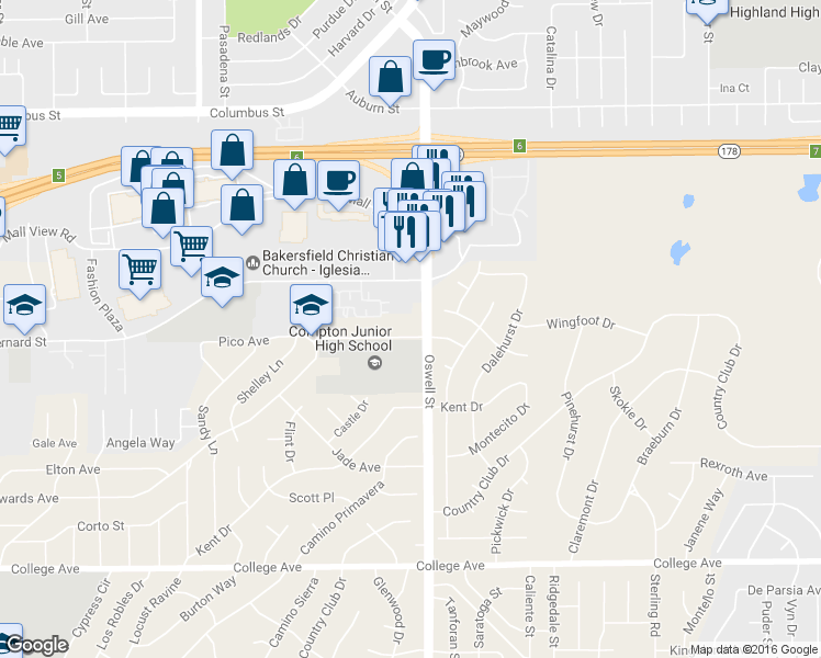 map of restaurants, bars, coffee shops, grocery stores, and more near 2508 Oswell Street in Bakersfield