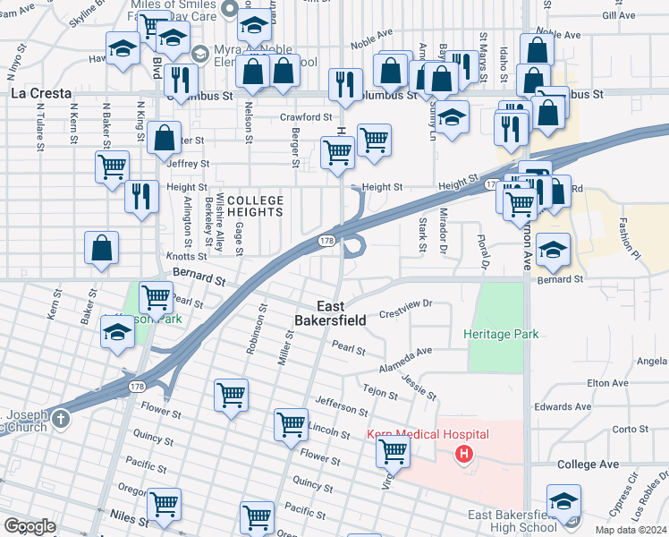 map of restaurants, bars, coffee shops, grocery stores, and more near 1305 Knotts Street in Bakersfield