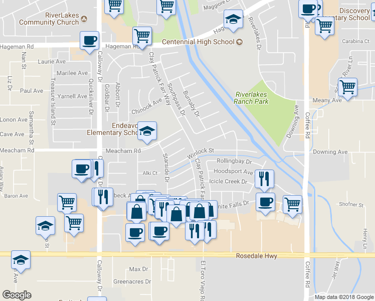 map of restaurants, bars, coffee shops, grocery stores, and more near 9005 Seahurst Court in Bakersfield
