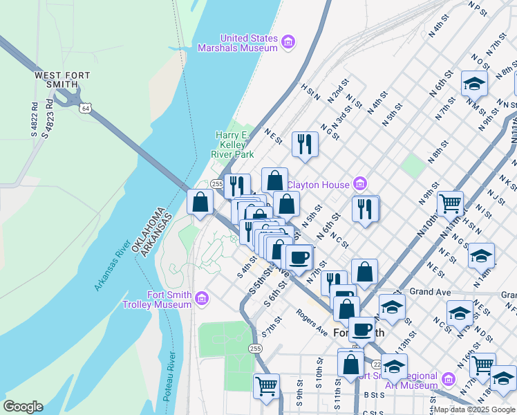 map of restaurants, bars, coffee shops, grocery stores, and more near 529 North 3rd Street in Fort Smith