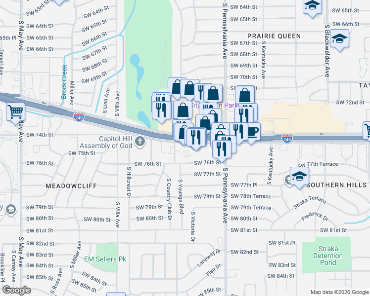 map of restaurants, bars, coffee shops, grocery stores, and more near 2146 West Interstate 240 Service Road in Oklahoma City