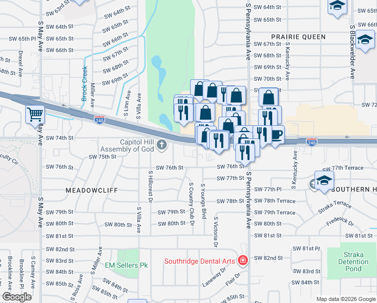 map of restaurants, bars, coffee shops, grocery stores, and more near 2300 West Interstate 240 Service Road in Oklahoma City
