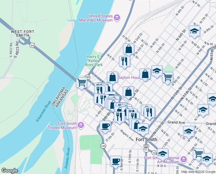 map of restaurants, bars, coffee shops, grocery stores, and more near 109 North 3rd Street in Fort Smith