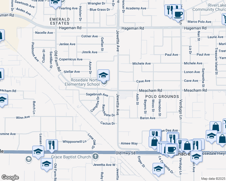 map of restaurants, bars, coffee shops, grocery stores, and more near 11500 Meacham Road in Bakersfield