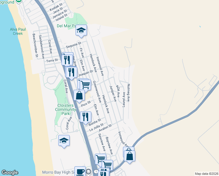 map of restaurants, bars, coffee shops, grocery stores, and more near 2635 Juniper Avenue in Morro Bay