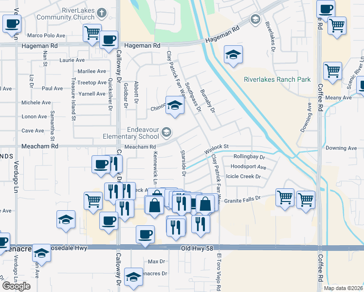 map of restaurants, bars, coffee shops, grocery stores, and more near 9130 Anchor Island Court in Bakersfield