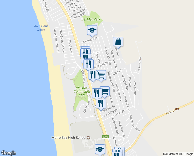 map of restaurants, bars, coffee shops, grocery stores, and more near 2710 Birch Avenue in Morro Bay