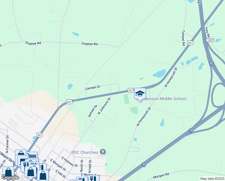 map of restaurants, bars, coffee shops, grocery stores, and more near 1402 North Johnson Street in Benson