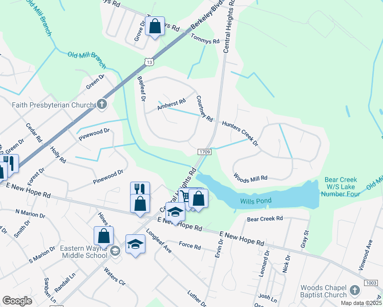 map of restaurants, bars, coffee shops, grocery stores, and more near 404 Bayleaf Place in Goldsboro